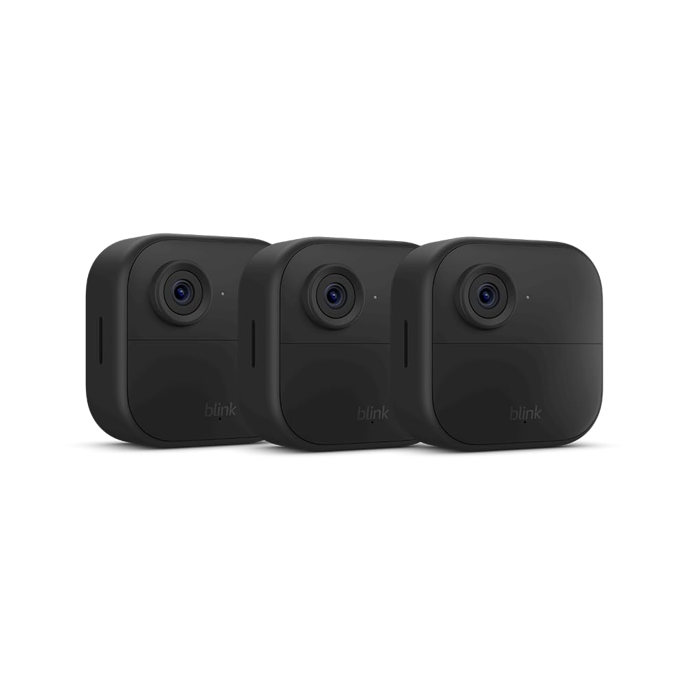 Blink Outdoor 4 (newest model), Wireless smart security camera, two-year battery, 1080p HD day and infrared night live view, two-way talk – 3 camera system